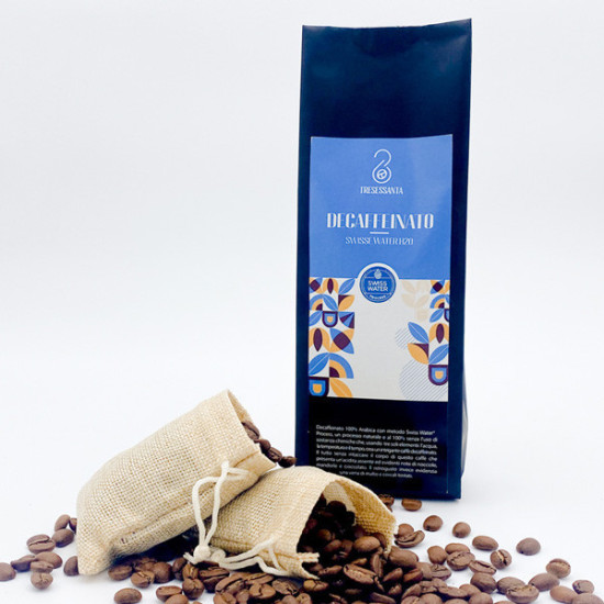 Confezione di caffè Arabica decaffeinato naturalmente con il metodo Swiss Water® H2O, senza sostanze chimiche.